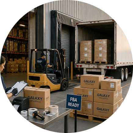 Amazon FBA prep warehouse with labeled inventory, palletized shipments, and fulfillment team preparing products for shipment.